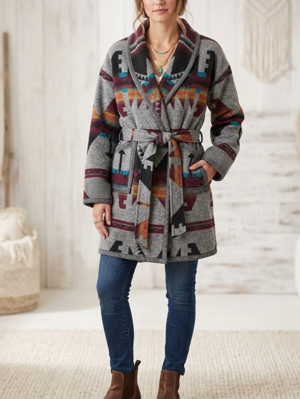 Earthy Eco Style Southwestern Aztec Wool Blend Wrap Coat Jacket Grey